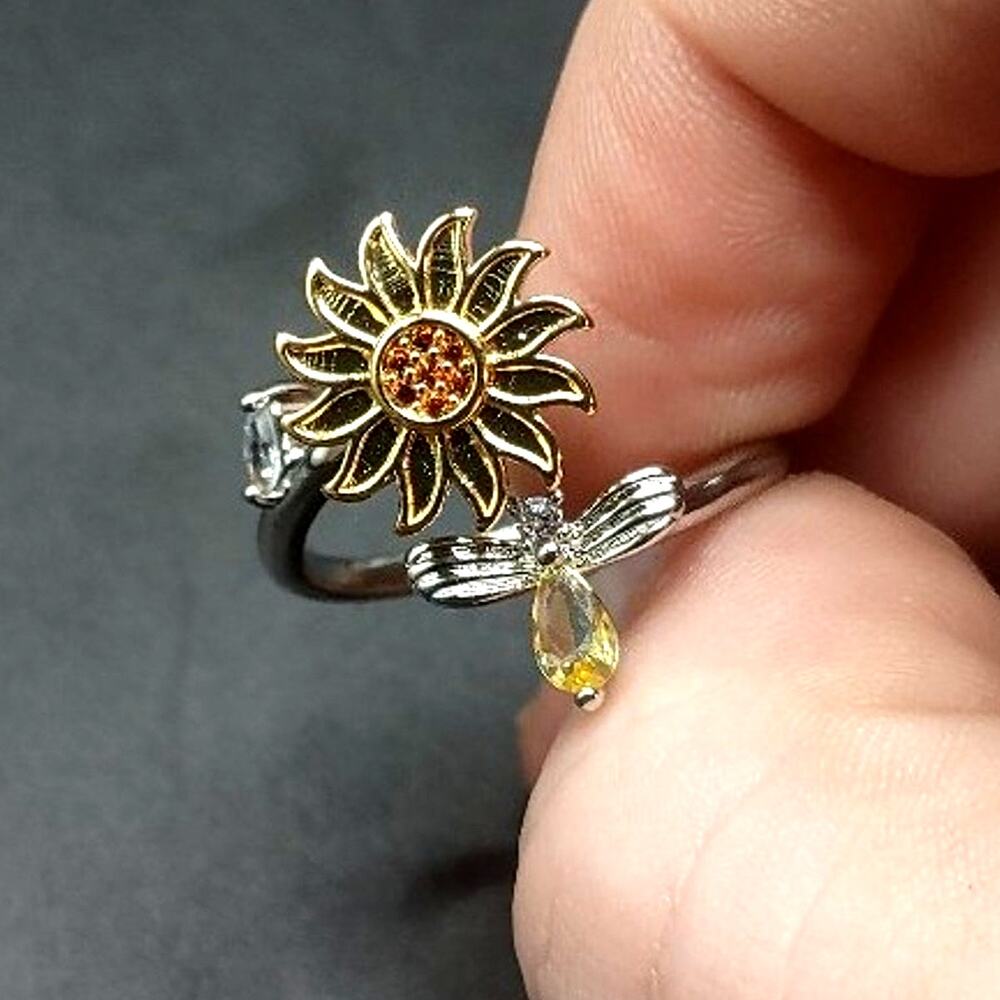 Silver & Gold ToneBee Sunflower Spinner Ring CZ Topaz Valentines Birthday Gift